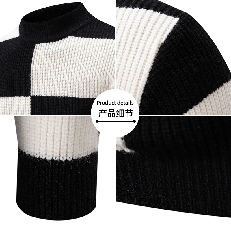 Sweter Turtleneck bergaris hitam dan putih pria baru sweter wol domba rajutan lengan panjang modis