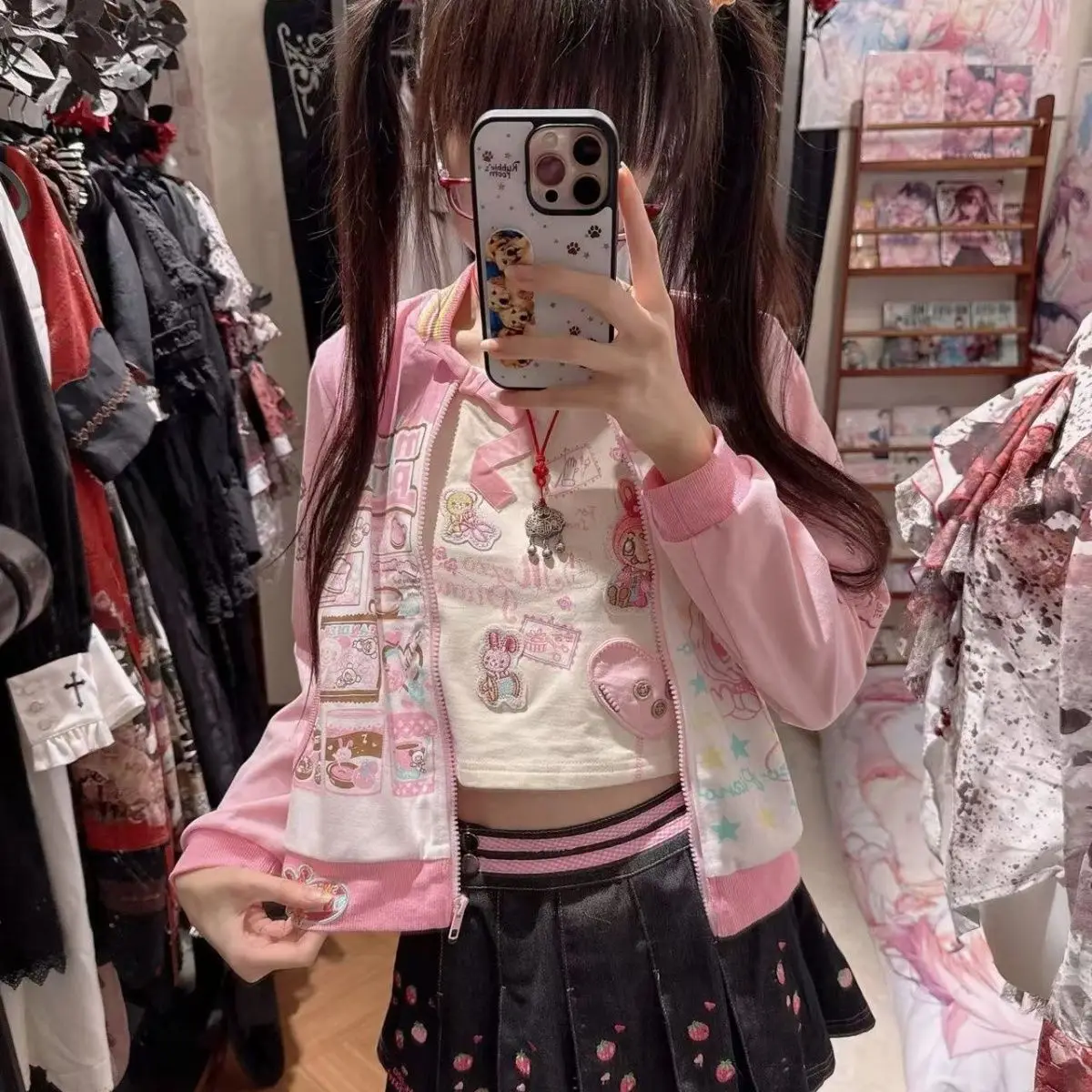 Coquette Kawaii Japanese Subculture Women Pink Cartoon Print Zip Up Long Sleeve Bomber Jacket Casual Daily Streetwear Outfit