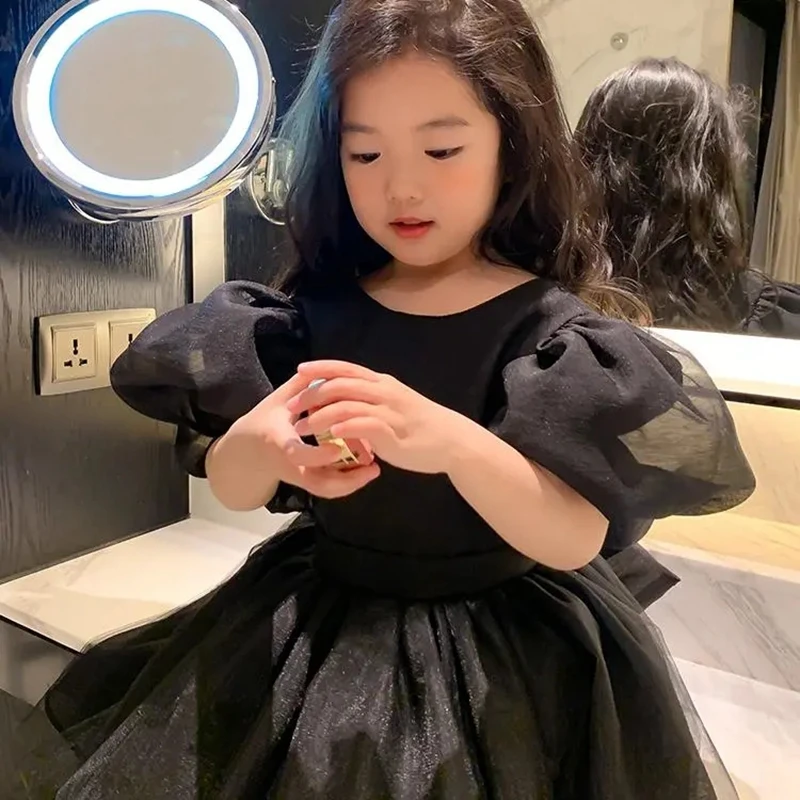 Kids Toddler Puff Sleeve Dresses with Big Bow Black  Backless Mesh Party Princess Dress for Girls Korean Style Girl Clothing 8 9