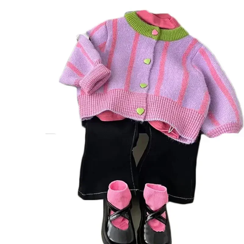 2022 Sweater Cardigans O-neck Collar Patchwork Cotton Soft Warm Simple Fashion Casual Comfortable Autumn Children Girls