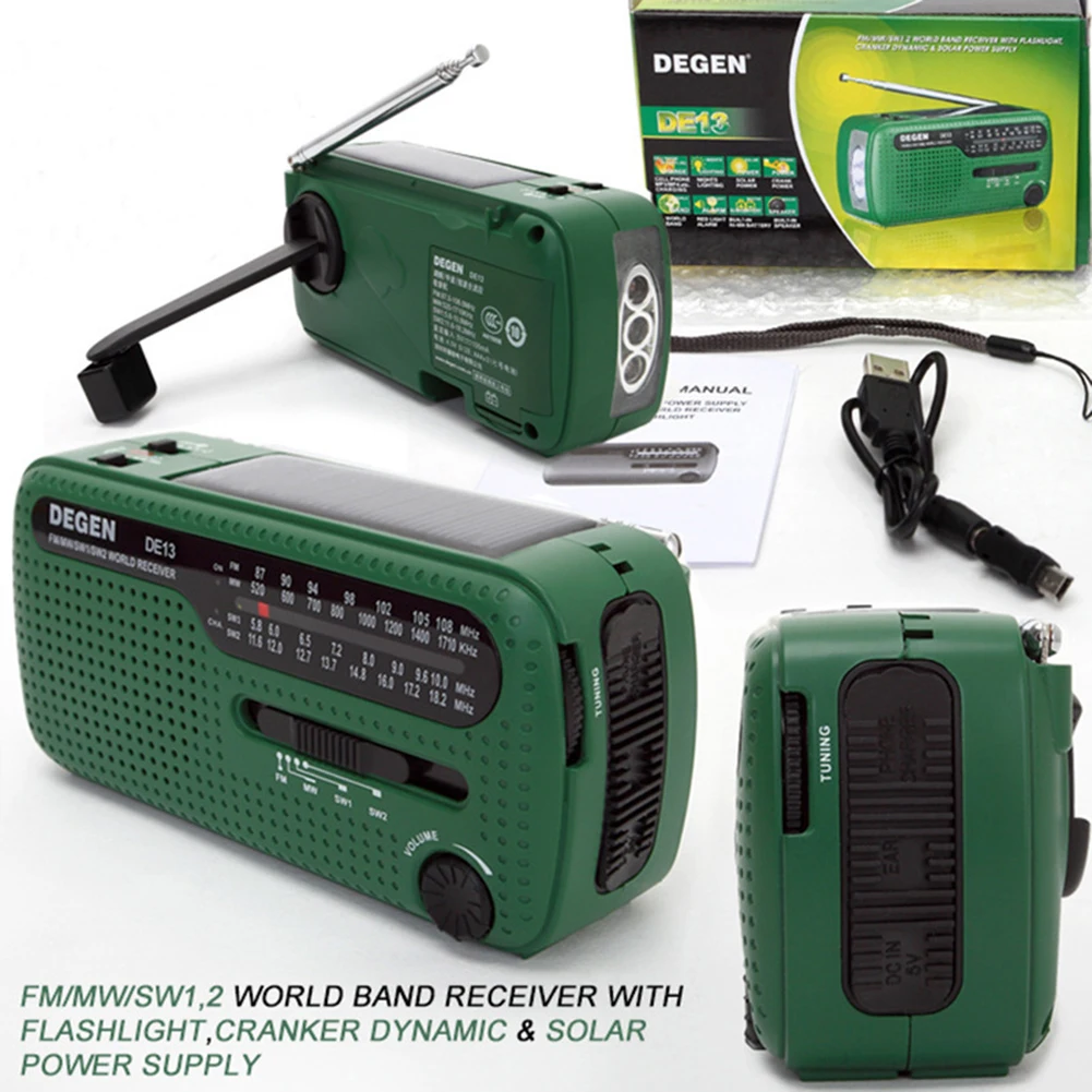 DE13 FM AM SW Crank Dynamo Solar Power Emergency Radio Flashlight Global Receiver High Quality VS Tecsun PL-310ET VS Panda 6200