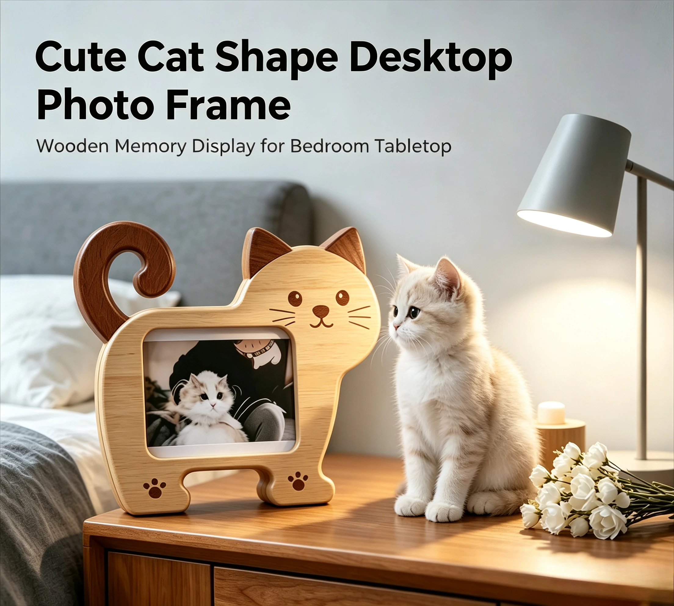 Cute Dual Shade Timber Feline Cutout Easel, Freestanding Photo Display for Tabletop Pet Keepsake