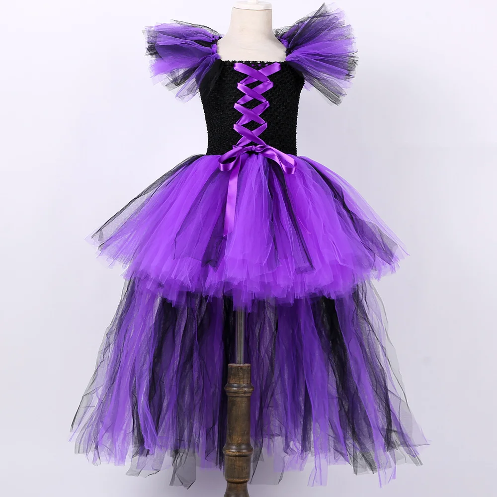 Black Purple Maleficant Long Costumes Girls Halloween Evil Witch Lined Tutu Dress Kids Carnival Outfit with Feather Wings Horns