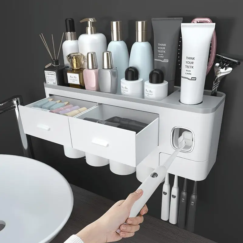 Wall Mounted Toothbrush Holder Set with Automatic Toothpaste Dispenser Squeezer 2-4 Cups Large Capacity Bathroom Storage Organizer Rack Cosmetic Makeup Drawer Shelf Washroom Accessories Space Saver
