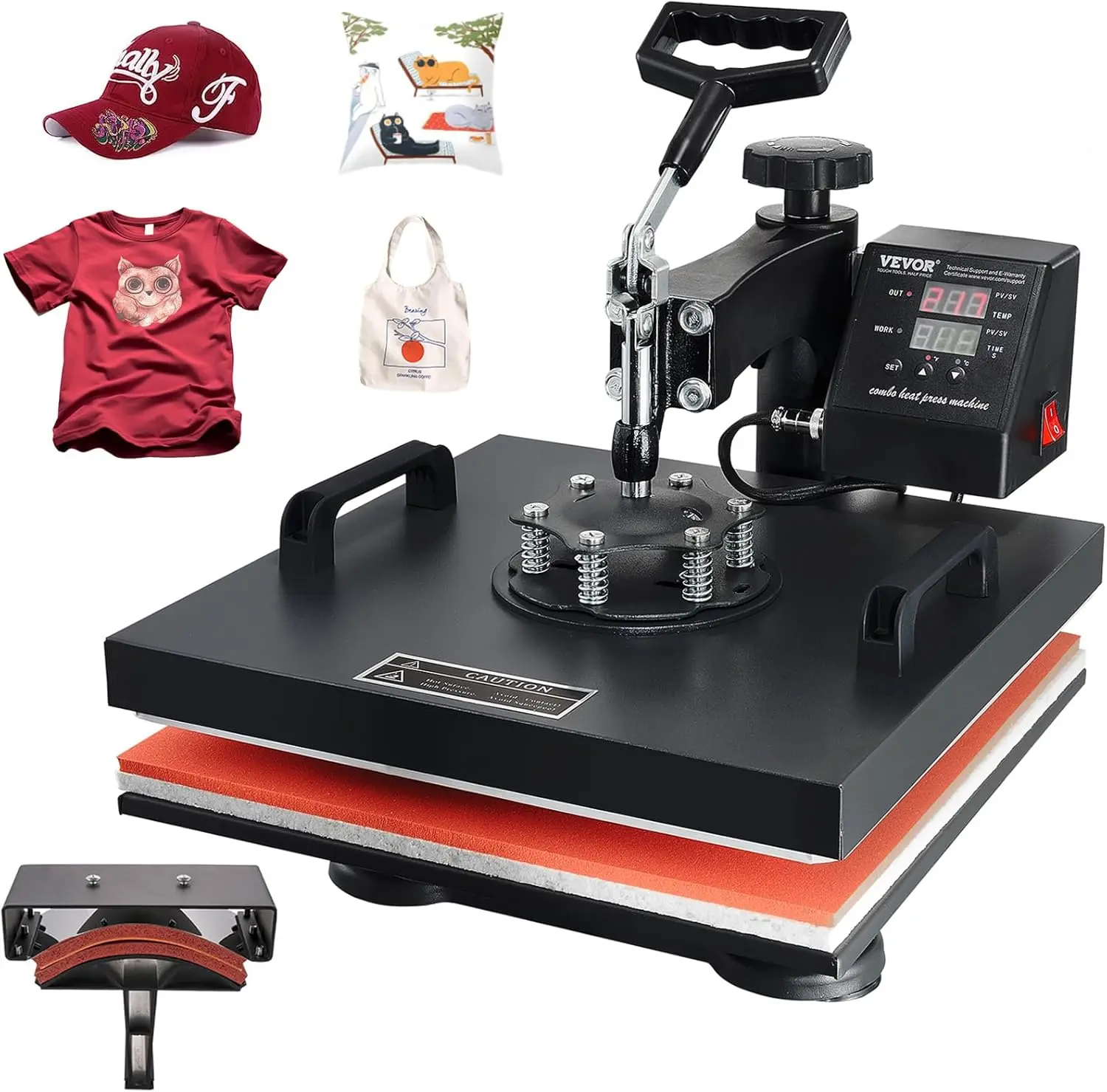 Vevor Heat Press 15X15 Inch, 2 In 1 Hittepersmachine Met Hoedpers, Zwaai Weg T Shirt Persmachine, Combo Hoed Heat Press