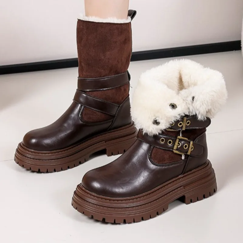 

Mid Heels Platform Women Mid Calf Boots 2025 Fashion Plush Shoes Designer New Buckle Long Boots Winter Suede Cozy Zapatos Mujer