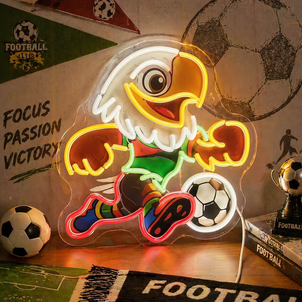 

Colourful eagle playing football decorative light sign; LED neon sign suitable for football fans and living rooms
