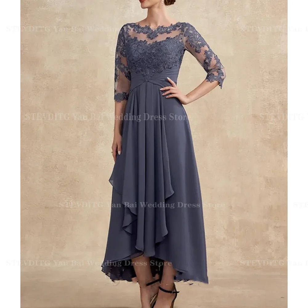 

Elegant Gray Chiffon Tea-Length Prom Dresses Fashion Half Sleeves Lace Appliques Evening Party Formal Occasion Female Gowns