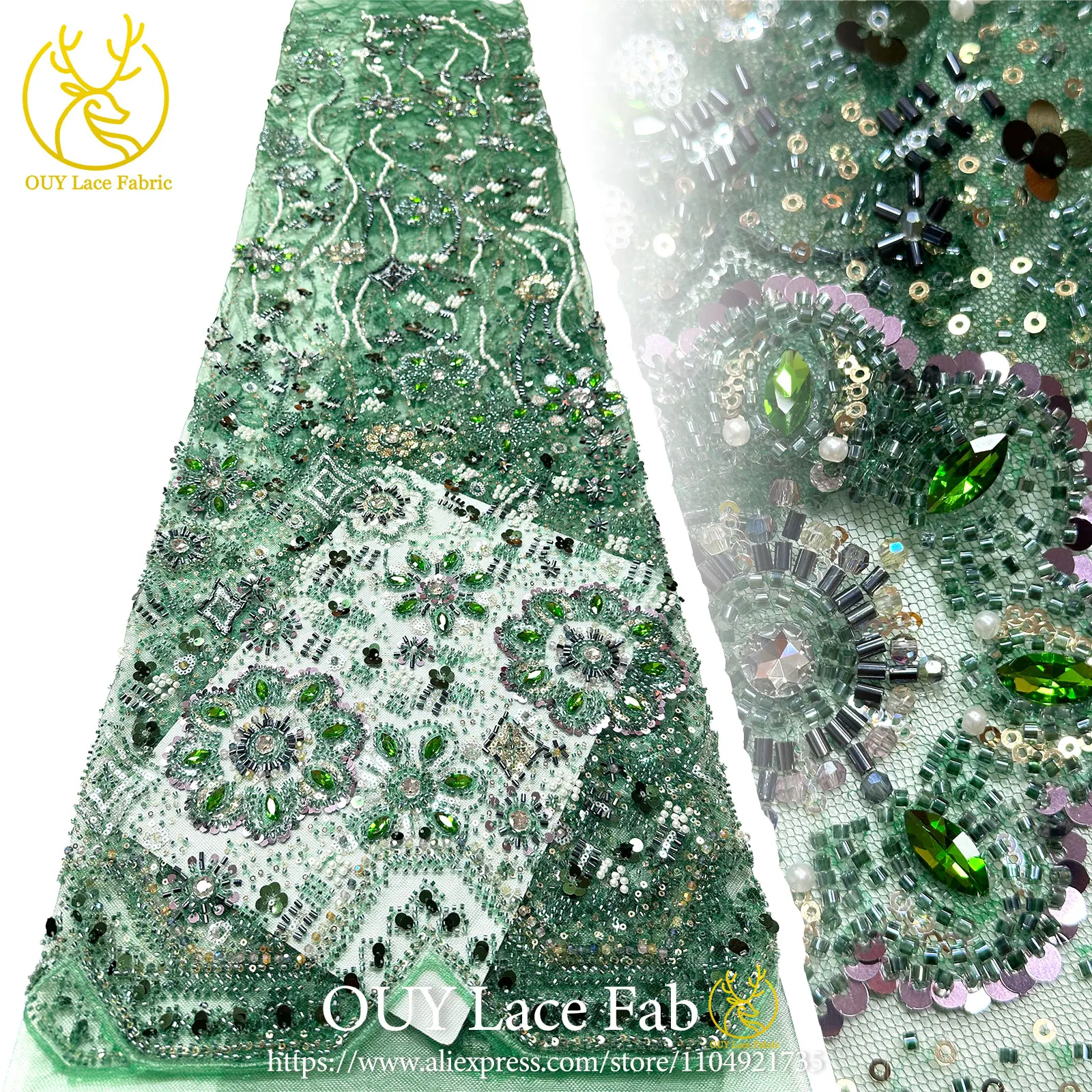 

Green African Stone Beaded Lace Fabric 2026 High-Quality Nigerian French Tulle Sequins Lace Fabric Ideal for Bridal Party Dresse