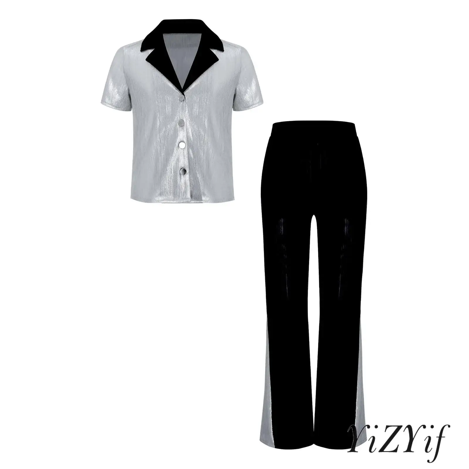 

Boys Retro Disco Outfit 70s Flare Pants Color Block Shirt Turn Down Collar Buttons Elastic Waist Stage Performance Dance Set