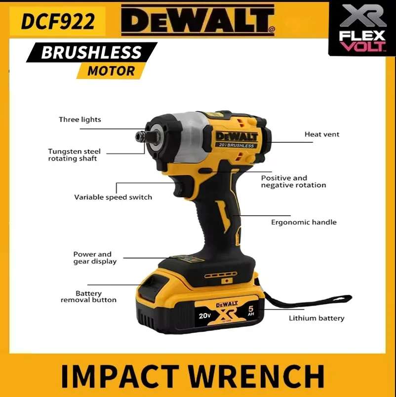 Dewalt DCF922 Wireless Impact Wrench Rechargeable High Torque 205Nm(Reverse) 1/2" 2500 PRM Universal 20V Battery Power Tools