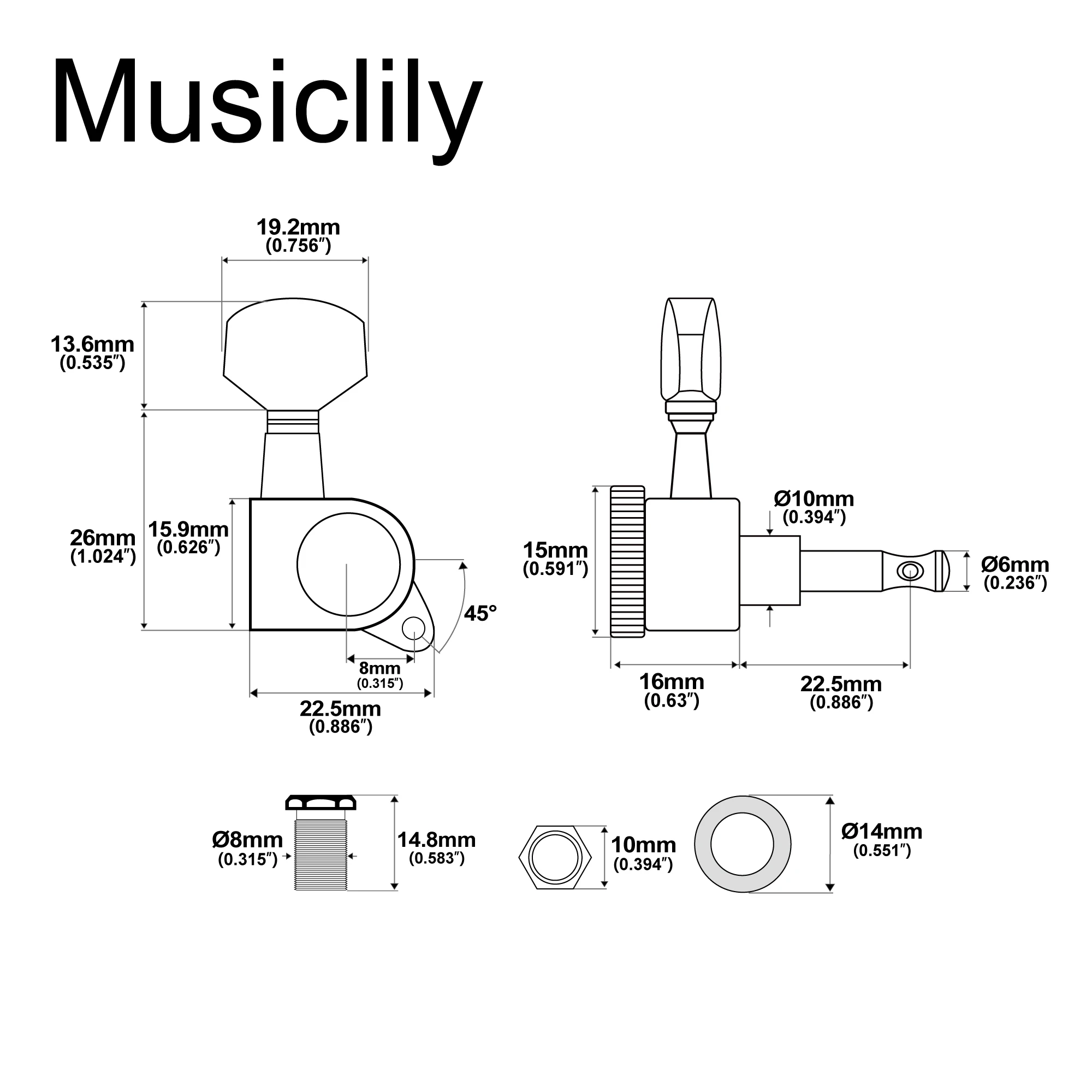 Musiclily Pro 6 in Line Guitar Locking Tuners Tuning Pegs Keys Machine Heads Set for ST Tele Style