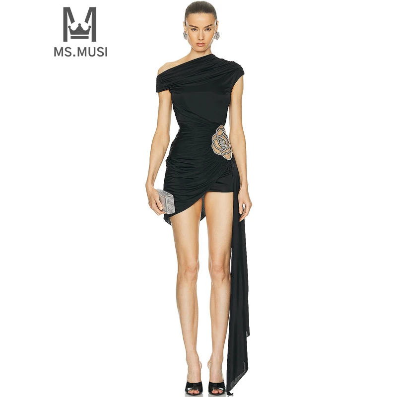 

MSMUSI 2024 New Fashion Women Sexy Off The Shoulder Diamond Crystal Draped Fold Sleeveless Bodycon Party Club Event Mini Dress