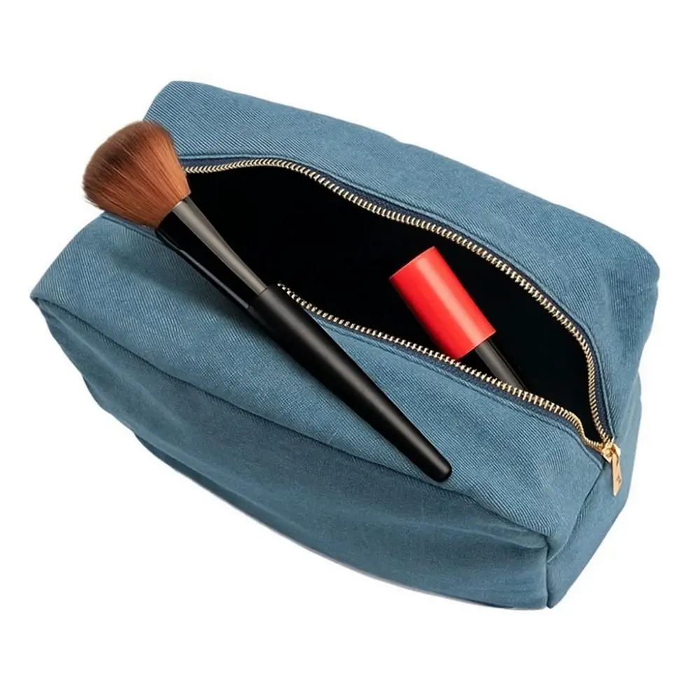 

4 Sizes Blue Denim Cosmetic Pouch Vintage with Zipper Jean Toiletry Case Solid Color Stationery Organizer Ladies Makeup Bag