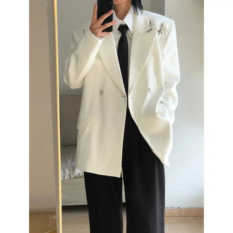 Niche Deconstruction Blazer Coat Metal Airplane Buckle Design Streetwear Autumn New High-end Padded Shoulder Suit Jacket Campus