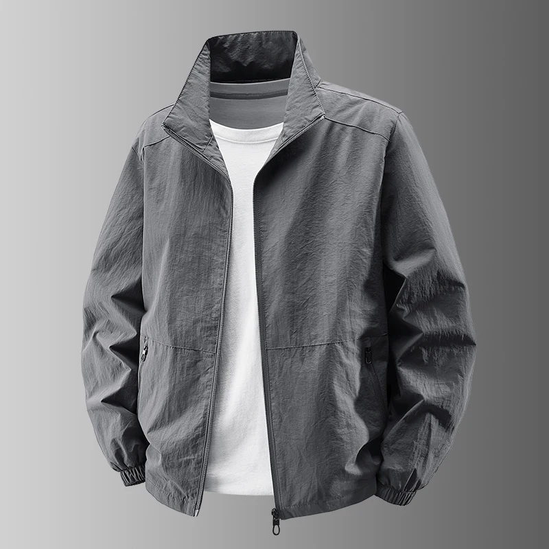 Simple Casual Loose Fit Outdoor Jacket Men's Spring Autumn Breathable Nylon Windbreaker Stand Collar Large Size Dad Clothes
