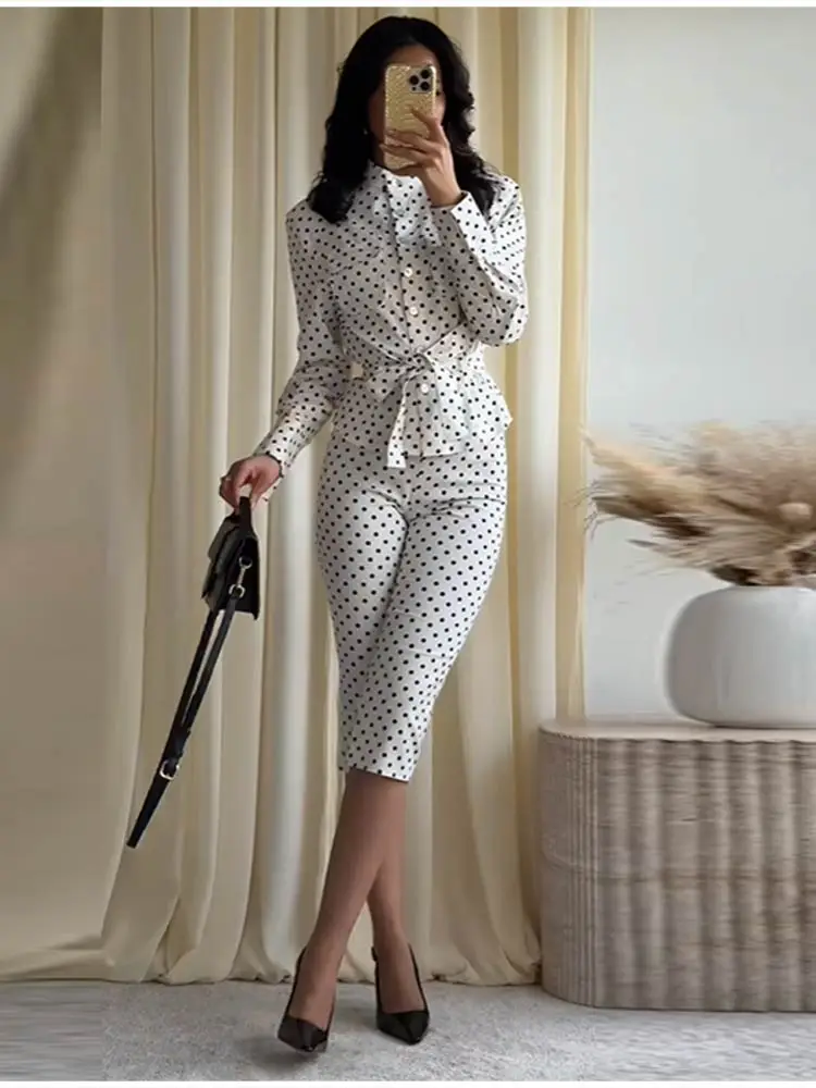 

Vintage French Polka Dot Suit Classic Chic Belted Top Slim Fit Midi Skirt Women Date Night Timeless Stylish Spring Outfits