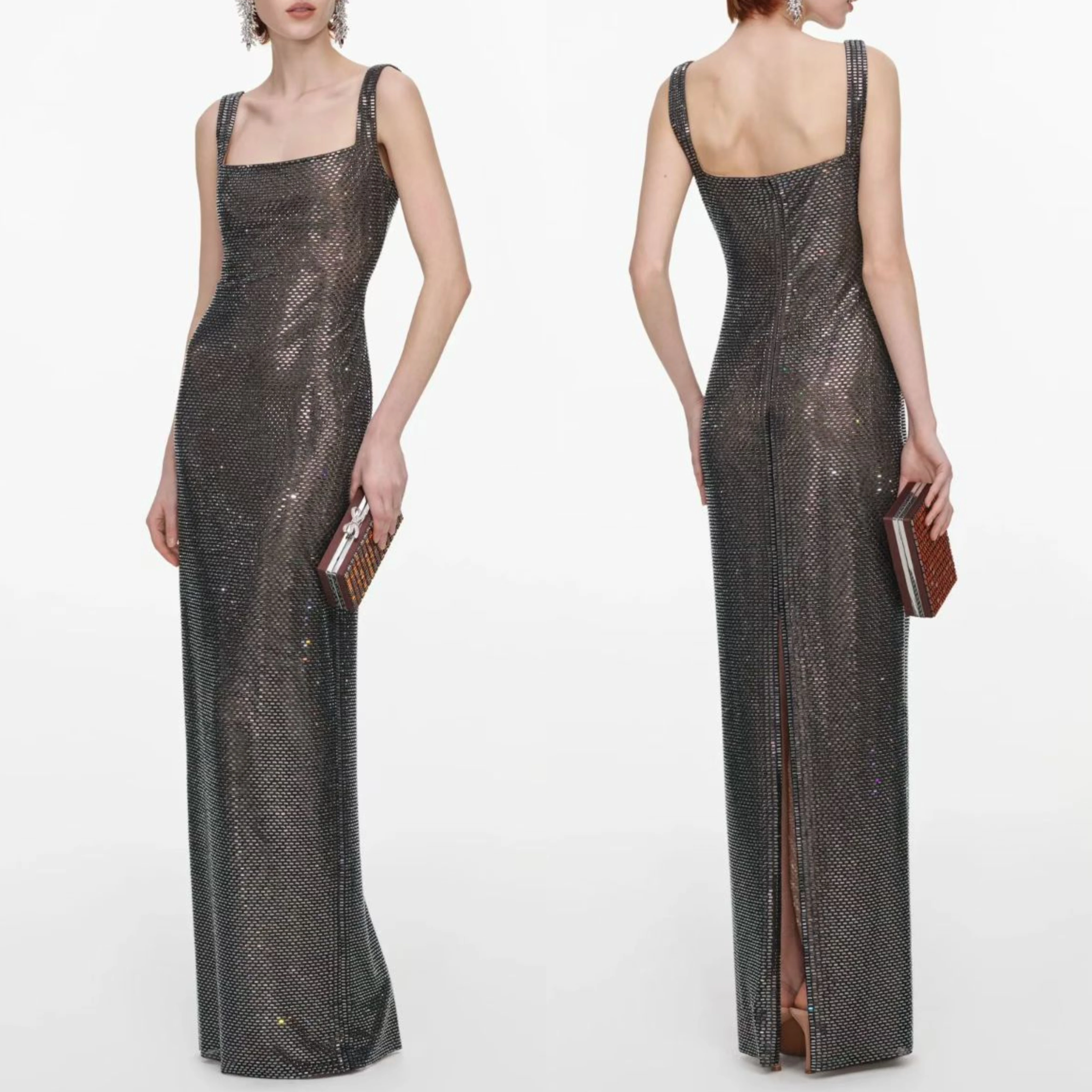 Women Rhinestone Mesh Maxi Dress Women Square Neck Wide Strap Back Slit Bodycon Floor Length Evening Party Gown