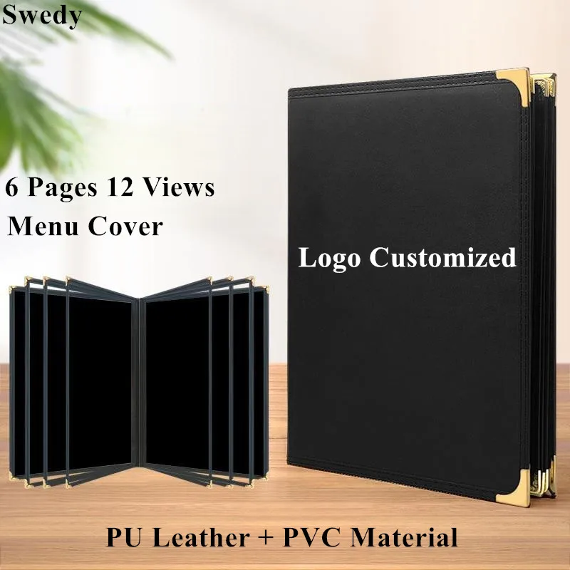 

2 Pieces A4 PU Leather Edge Trim 6 Pages 12 Views Restaurant Menu Covers Fits 8.5 x 11” Paper Menu Paper Holder Protector Book