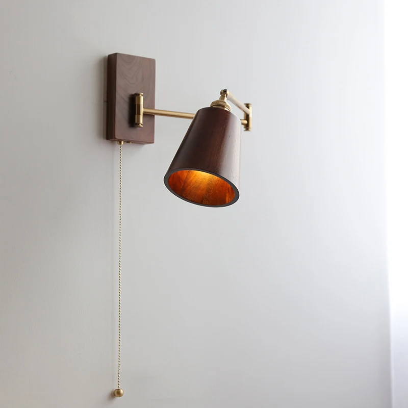 Imagem -04 - Iwhd-walnut Ash Wood Led Wall Lamp ao Lado do Sconce Pull Chain Switch Plug-in Home Iluminação Interior Espelho do Banheiro Stair Light