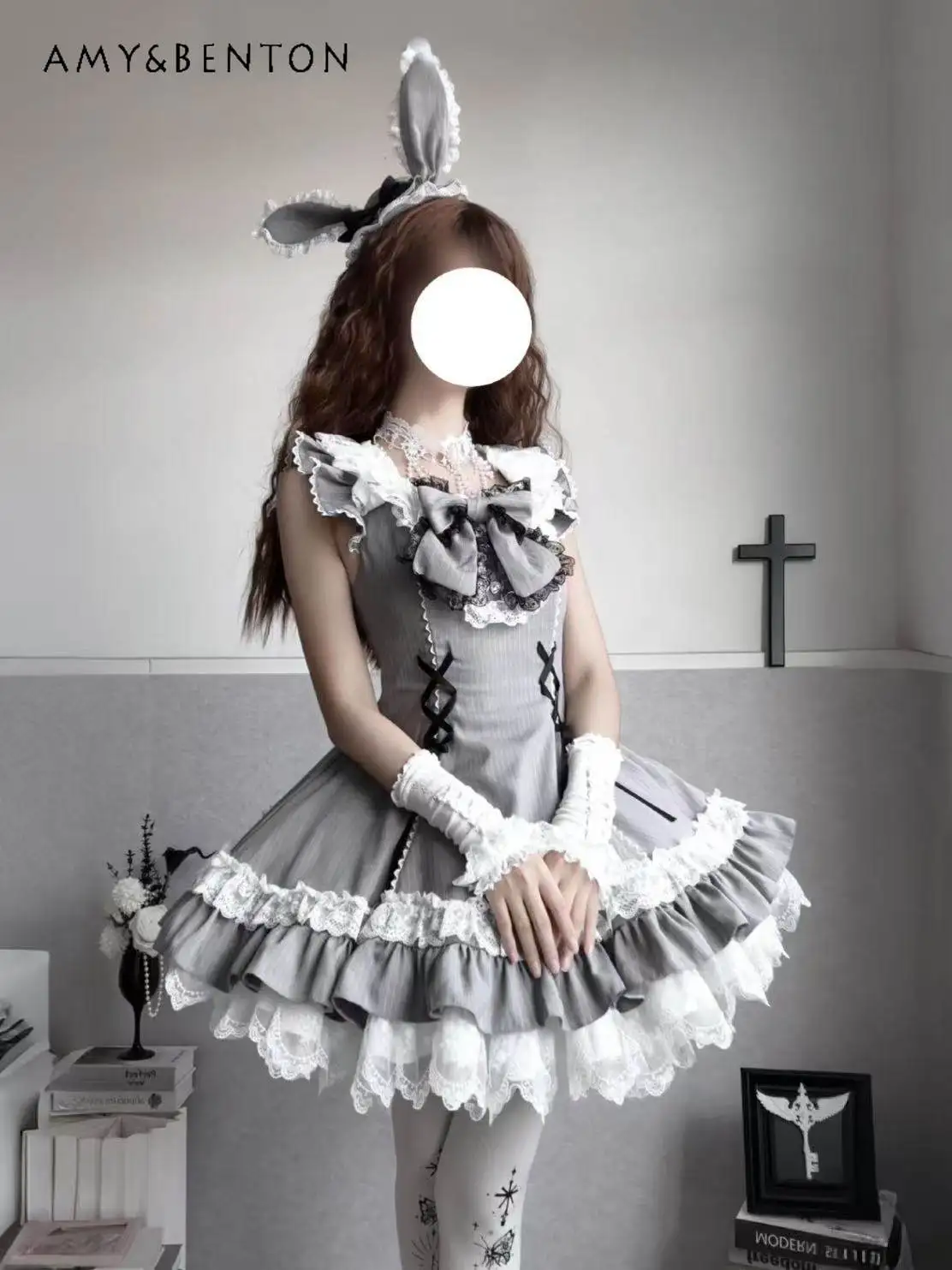 

Sweetheart Girl Lolita Style JSK Puff Dress Cute Bow Doll Collar Lace Patchwork Slim Mini Dress Evening Birthday Dress for Women