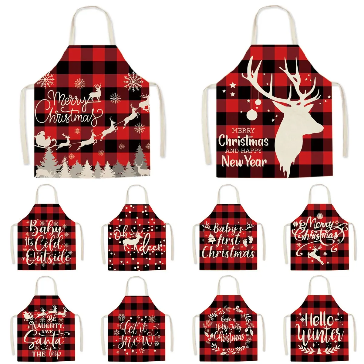 Fashionable black and red checkered reindeer print linen Christmas sleeveless apron Christmas party decoration apron