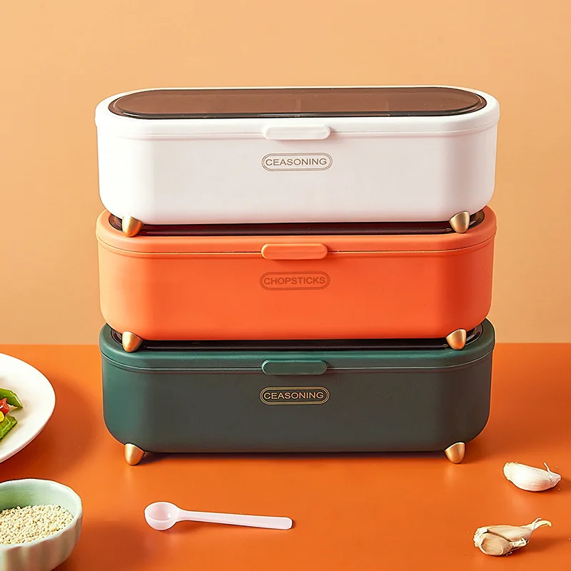 Organizer Kitchen Storage Seasoning Box Seal Detachable Transparent Compartment Salt Chicken Essence Moisture Proof Box