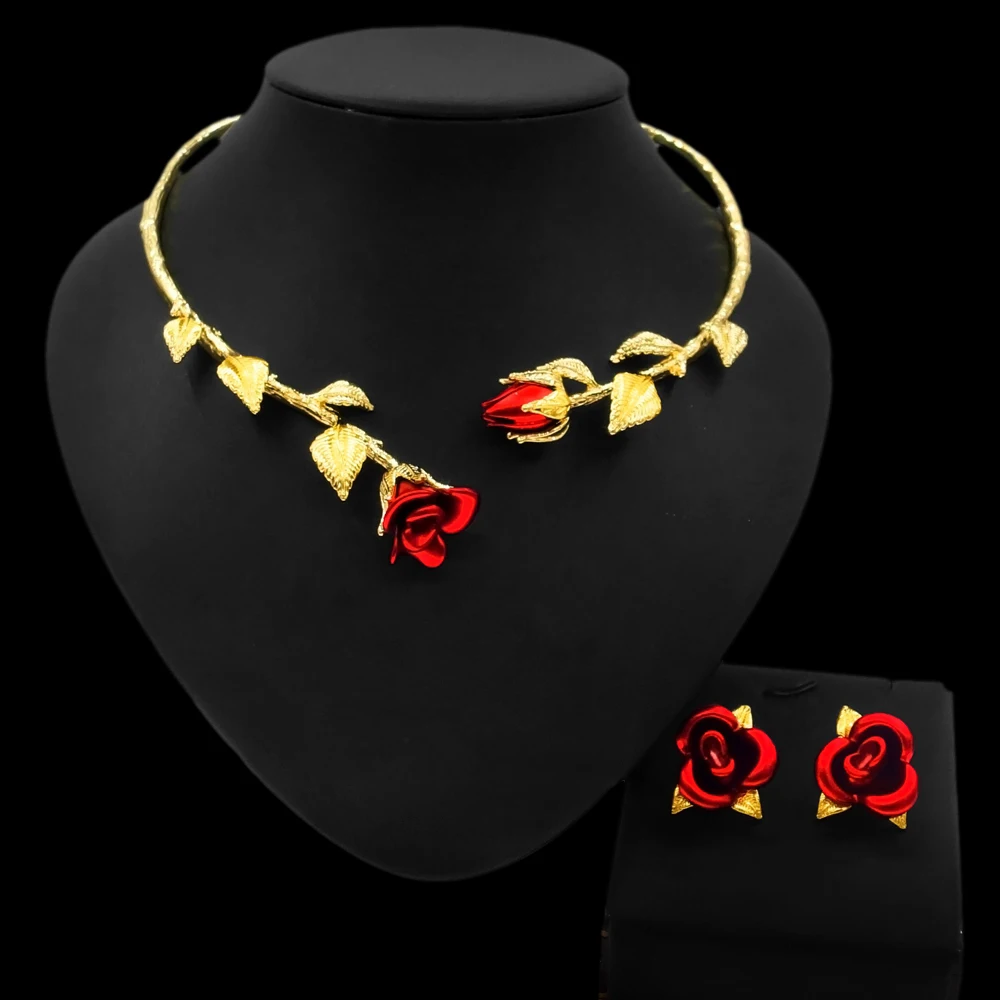 Imagem -04 - Gold Jewelry Conjunto para Mulheres Forma de Flor Vermelha Colar Brincos Fashion Trend Smart Popular Dubai Pcs 18k