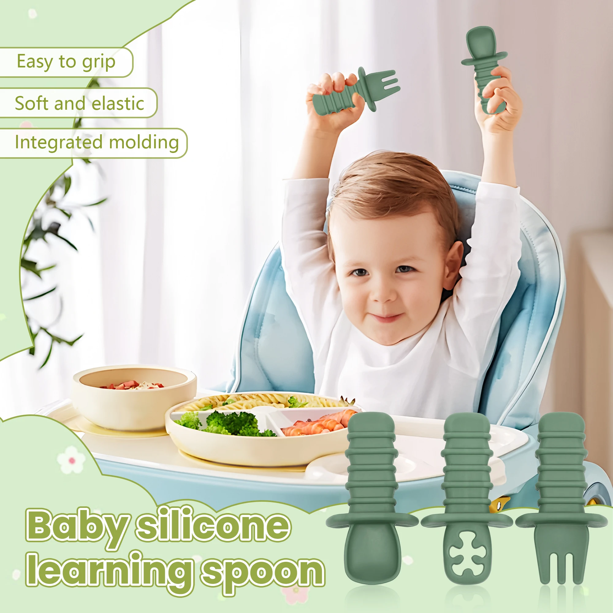 3-Piece Silicone Baby Spoon and Fork Feeding Set - Choking-Proof, Suitable for Babies 3 Months and Older to Self-Feed.