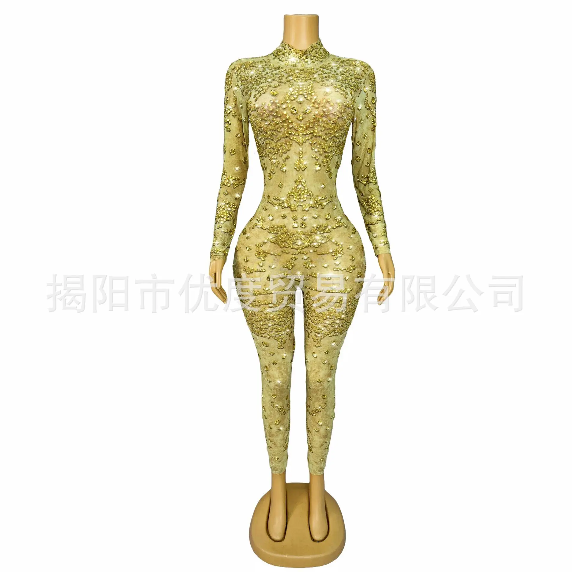 Golden Personality Slim Fit Handmade Rhinestone Dress Cocktail Party Performance Party Jumpsuit Golden Leaf Vestidos De Flamenca