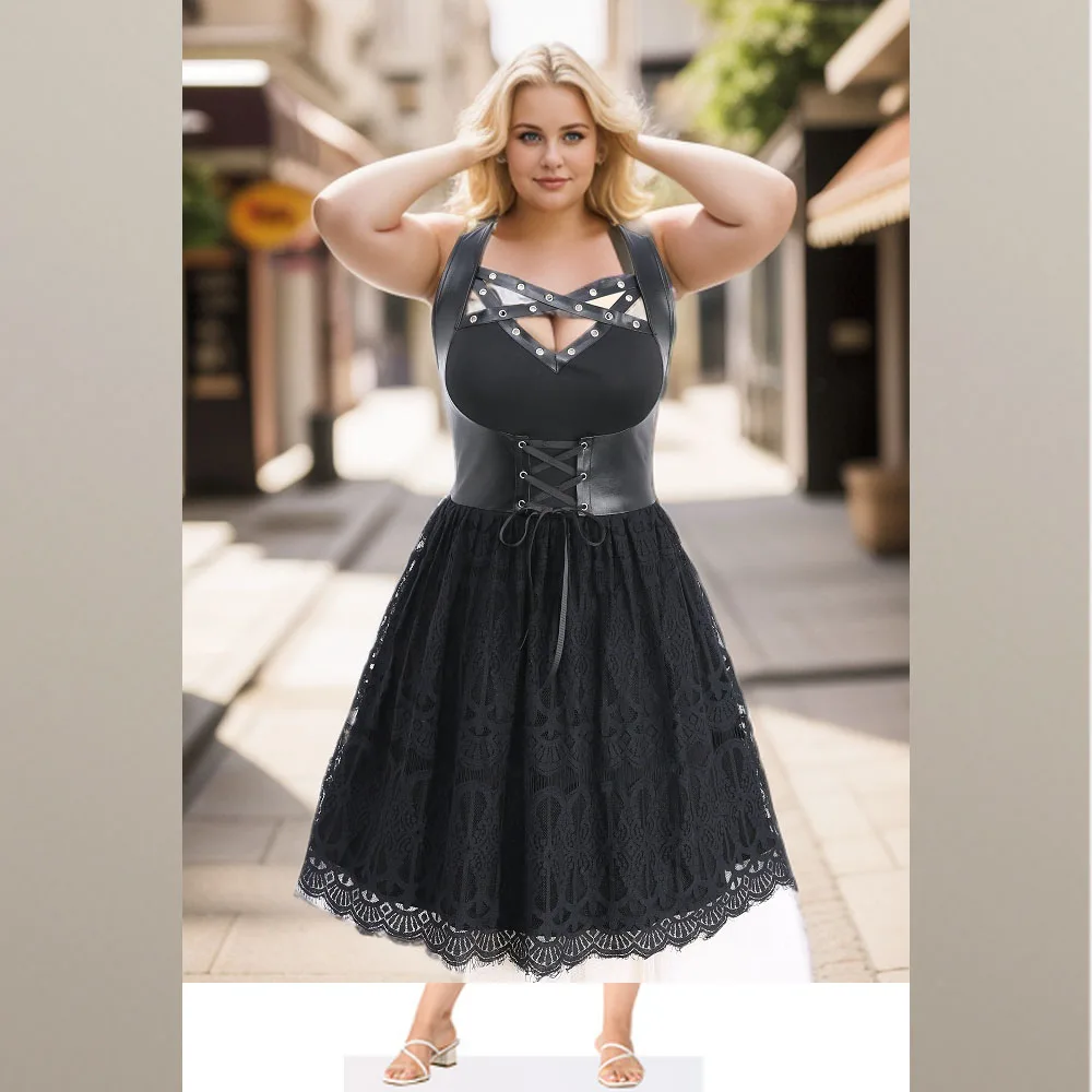 ROSEGAL Plus Size Gothic Corset Dress New PU Panel Crisscross Straps Grommet Floral Lace Layered Lace-up Party Dresses For Women