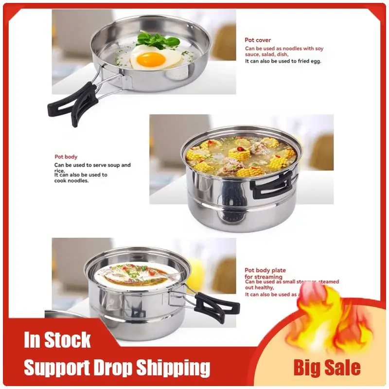 A35F جديد 3 قطعة مجموعة التخييم في الهواء الطلق نزهة وعاء الفولاذ المقاوم للصدأ تجهيزات المطابخ نزهة مجموعة أدوات الطبخ مجموعة ل 2-3 أشخاص (فضي)