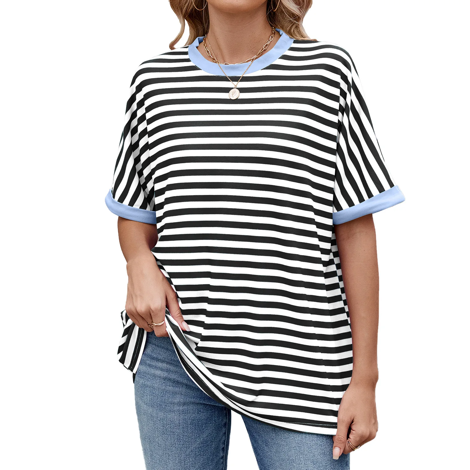 

2025 New Women's Striped T-shirt O-neck Loose Short Sleeved Pullover Top Contrasting Color Casual Street Tees