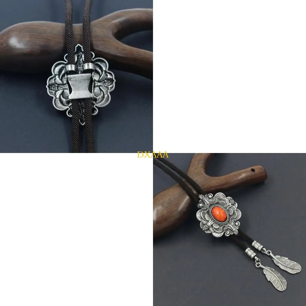 DXAA Carved Flower Bolo Tie Western Necktie Stone Lariat Necklace for Men Gentleman