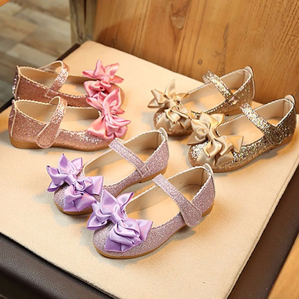 

New Children PU Nubuck Leather Shoes Sequins Bow Princess Girls Party Dance Shoes Baby Student Flats Kids Performance Shoes