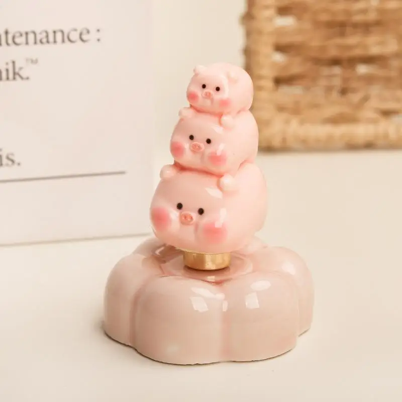 Stackable Rotating Pink Pig Resin Figurine With Bearing Flower Base Creative Desktop Display Ornament