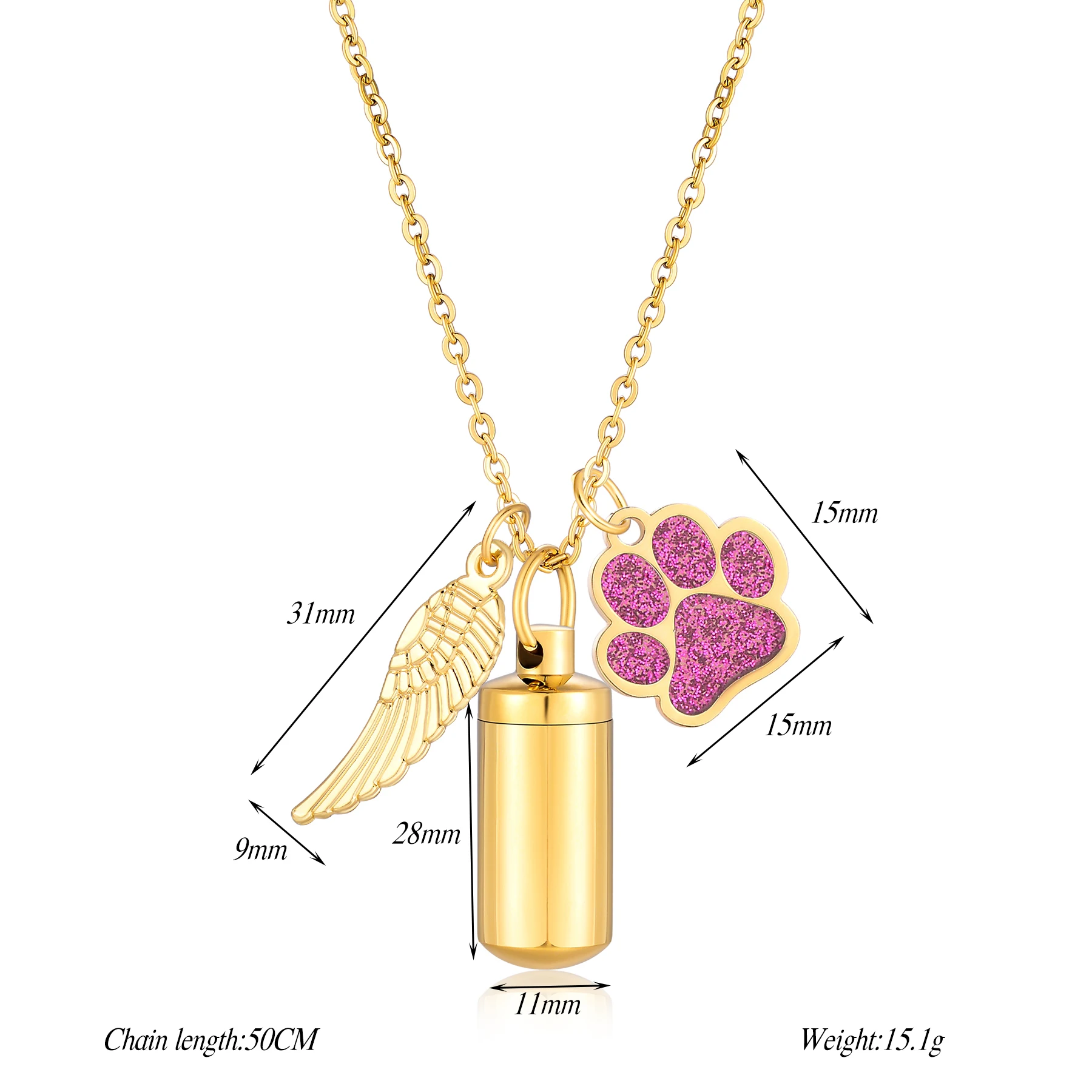 Personalized  Stainless Steel Cylinder Urn Necklace With Wings Pet Paw Pendant For human Pet Memorial Jewelry Keychain Gift view 6