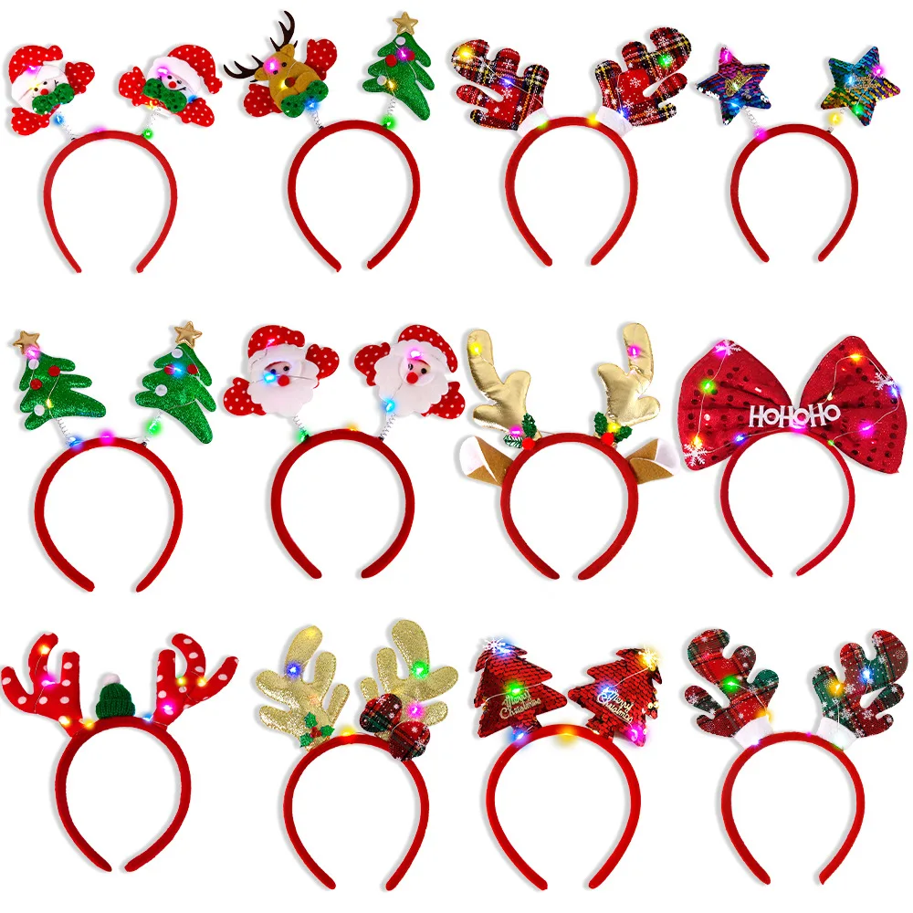 1pcs Christmas Themed Headband Bow Elk Snowman Hat Christmas Tree Headband With Light Navidad Decorations Christmas Supplies