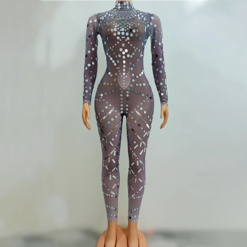 

Sparkly Silver Rhinestones Sequins Jumpsuit Women Long Sleeved Mesh Clothes Nightclub Gogo Dance Costumes Rave Outfit XS6915