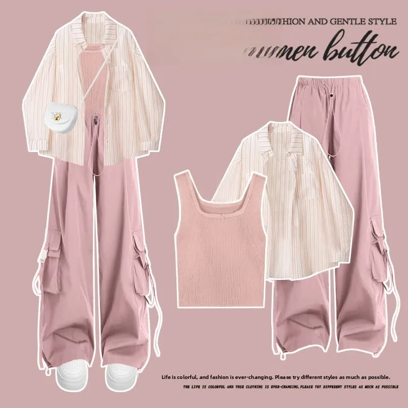 

Anti-Aging Large Size Women's Spring Summer Set Pink Loose Workwear Pants Long Sleeve Shirt Three-Piece Suit for Younger Look