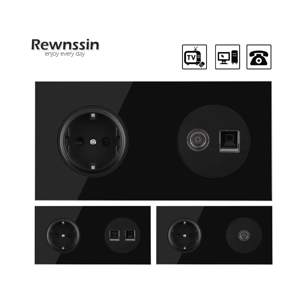 Socket Black Wall Power Socket RJ45 Cat5e Computer Satellite Antenna TV Telephone Socket Data Female Socket 172MM * 86MM