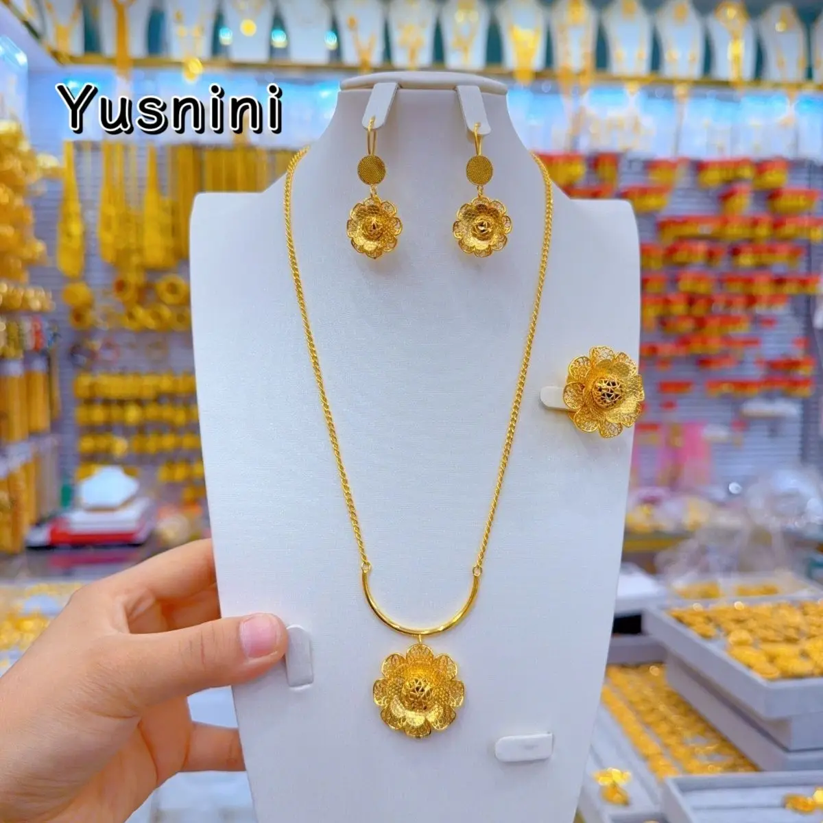 

New Dubai 24K Gold Plated Necklace Earrings Rings Wedding Jewelry Set - A Holiday Gift for Women YY10843