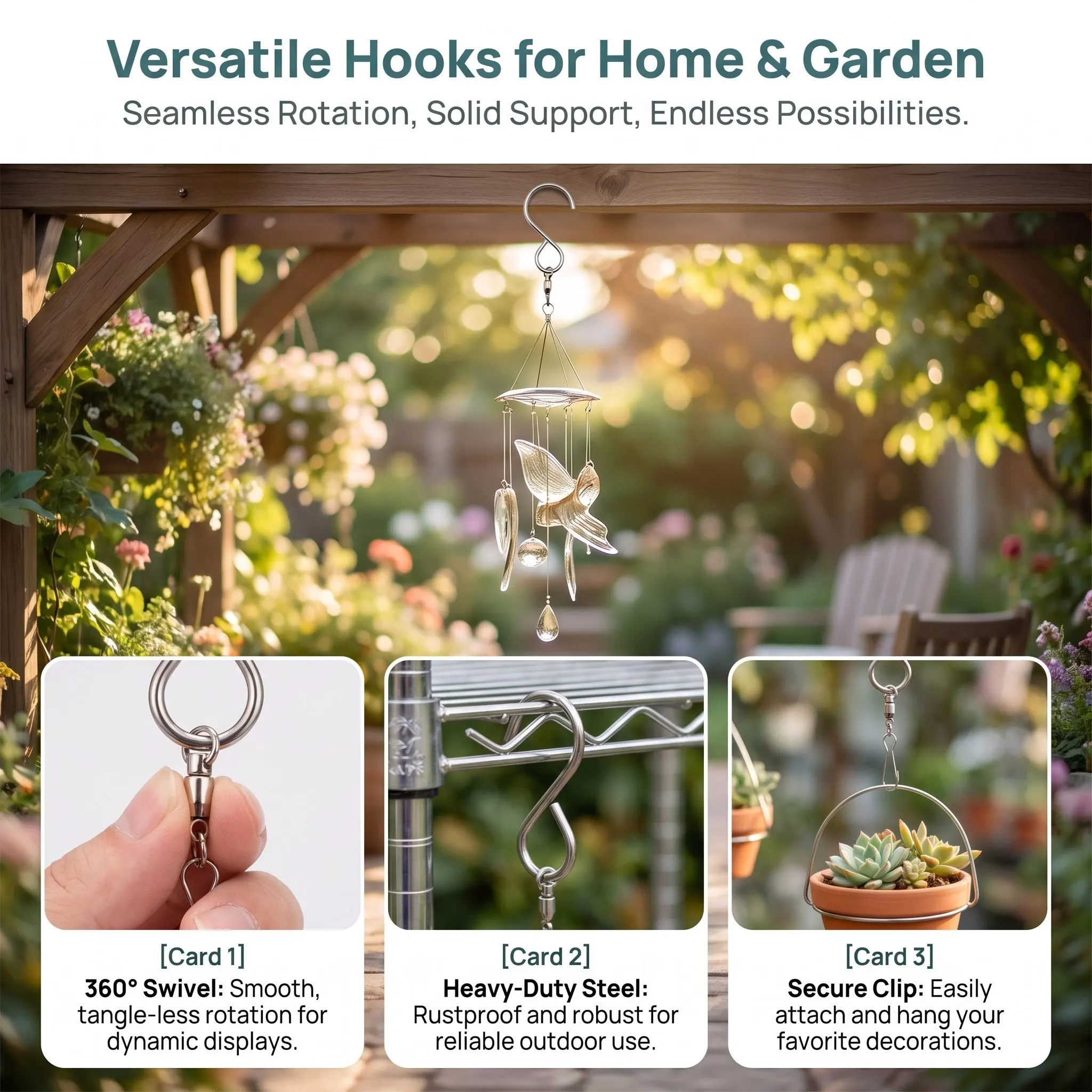 Dual Swivel Hooks for Wind Chimes – 20pcs Stainless Steel Rotating Spinner Hooks, Wear-Resistant & Secure - view 6