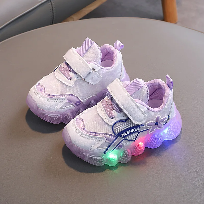 Girls Sneakers Fashion Flower Glowing Kids Casual Shoes Princess LED Lights Sports Shoes Soft Sole Non-slip Children Shoes Tenis