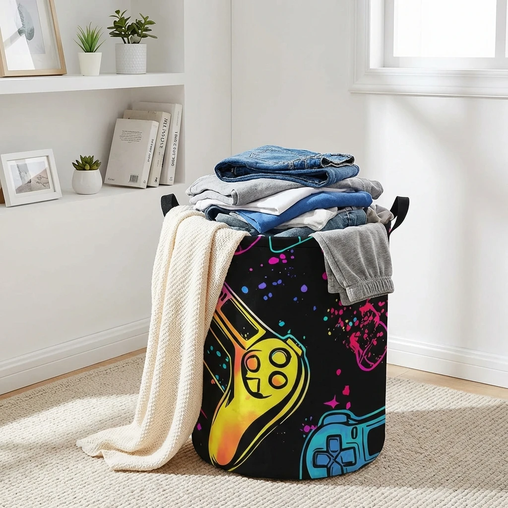 Game machine, laundry basket, foldable large capacity canvas storage bucket, children's toys, clothing storage, home bathroom