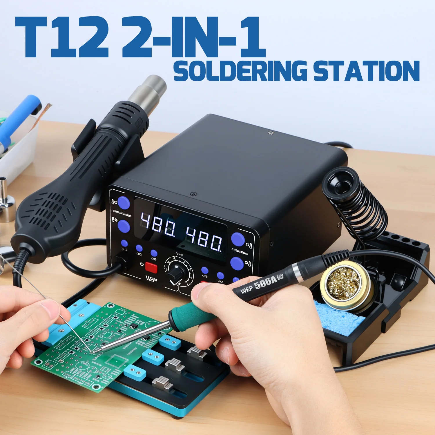 

WEP 902D-IV T12 Soldering Station With Hot Air Gun Soldering Iron Kit Fast Heating Welding Rework Staion For Phone Rrpair Tool