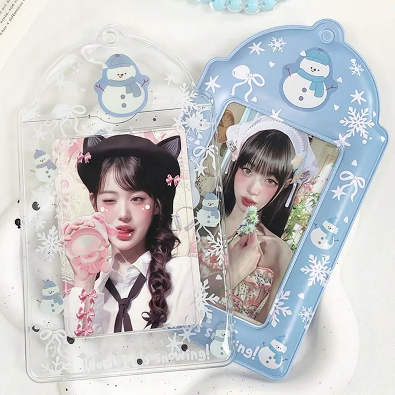 3 in Cute Cat Snowman Photocard Holder PVC Card Sleeve Winter Snowflake Kpop Idol Photo Card Protector Student ID Cards Holder