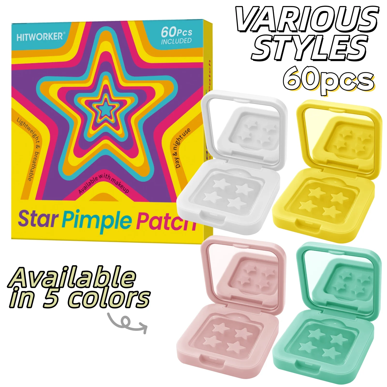 

60 гидроколлоидных пластырей в форме звездочек для маскировки недостатков кожи, с содержанием салициловой кислоты и эфирного масла чайного дерева.