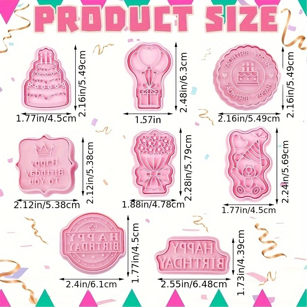 8 Pieces Of Happy Birthday Cutting Tools, Plastic Baking Pastry Tools, Bouquet Cake Pattern Cookie Stamps, Valentine's Day Cooki