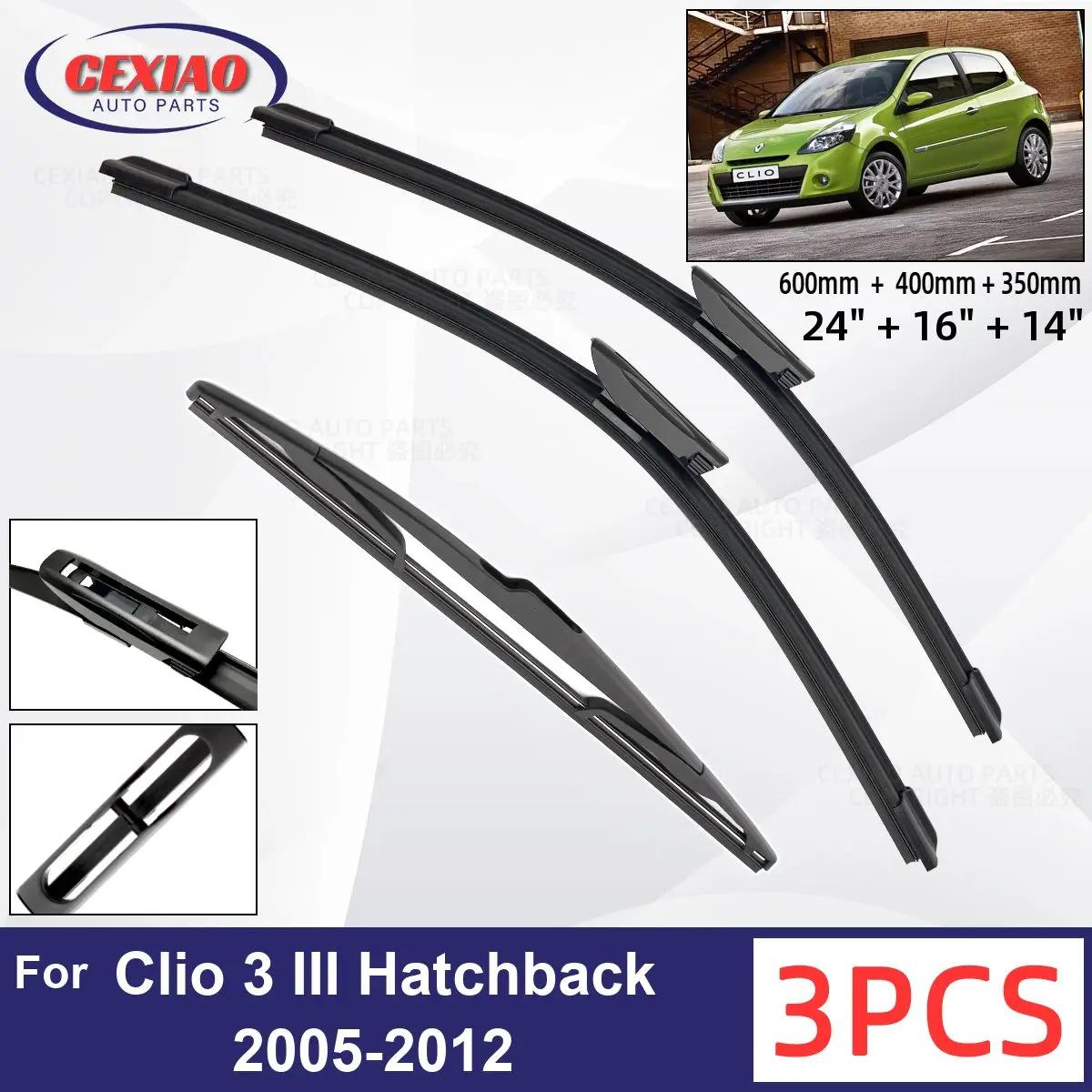 

For Renault Clio 3 III Hatchback 2005-2012 Car Front Rear Wiper Blades Soft Rubber Windscreen Wipers Auto Windshield 24"+16"+14"